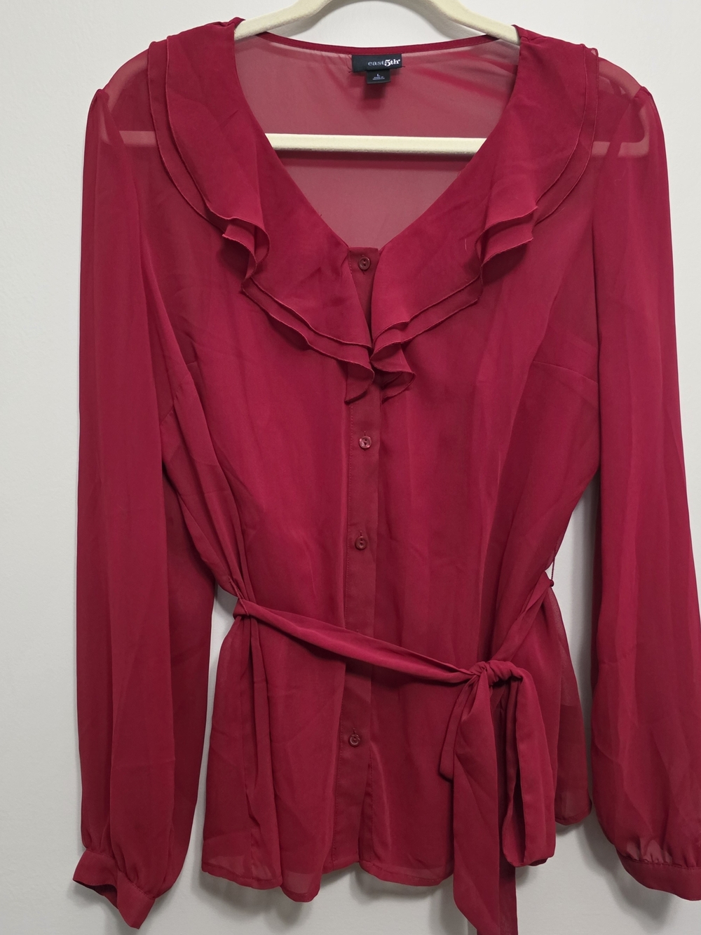East 5th Ladies Size Large Crimson Ruffle Button Front Blouse Sheer Romantic